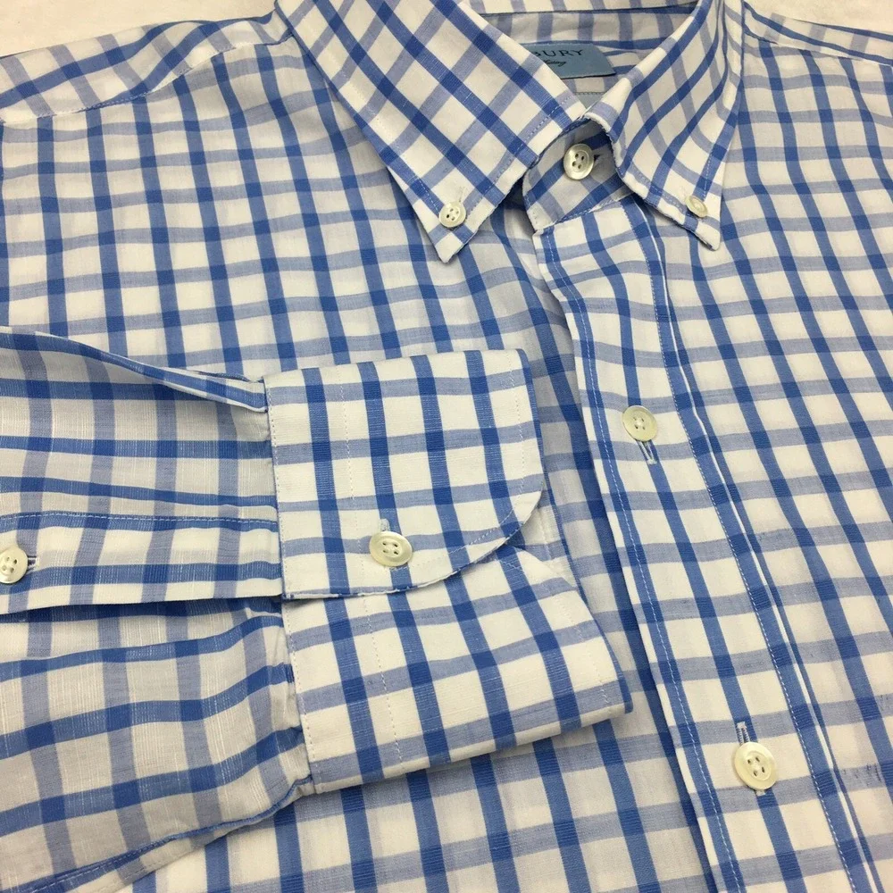 Ledbury Shirt Mens 17.5 Blue/White Checks Slim Fit Cotton/Linen Blend
